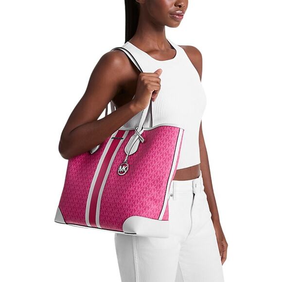 RETAIL $498 Michael Kors Pink Eva Large Signature Logo Stripe Tote Bag*NWT - Picture 1 of 13